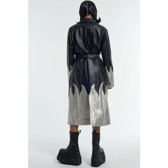 THE RAGGED PRIEST Immortal Coat 16 Silver Flames Faux Leather Trench Mall Goth - Picture 5 of 12
